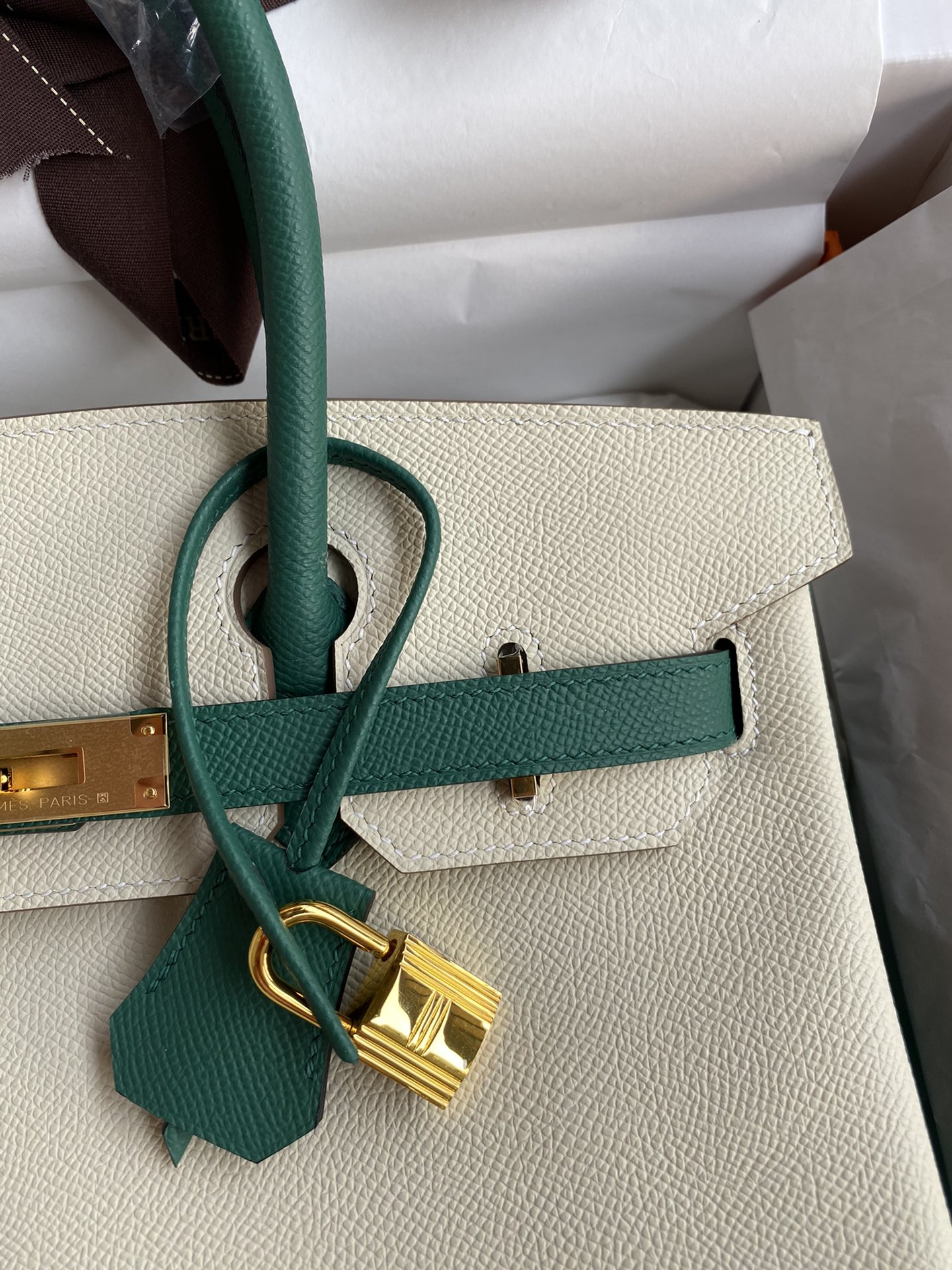 Hermes Birkin 30CM Epsom Leather Handbag Cream White Malachite